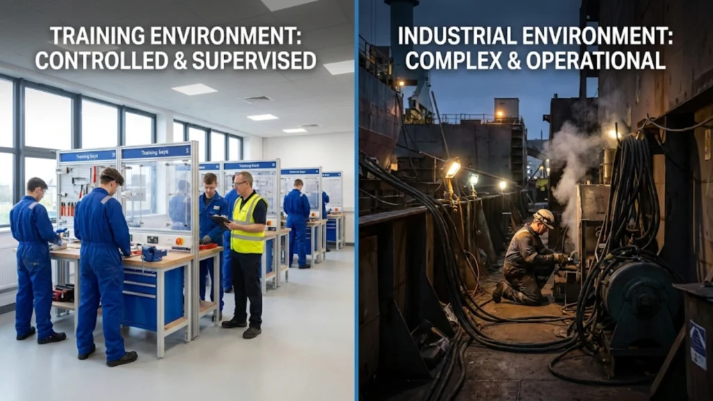 Comparison of electrical training workshop and real industrial worksite environments
