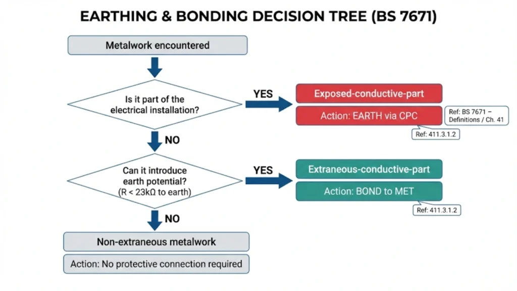 Decision flowchart showing how to determine whether metalwork should be earthed, bonded, or left unconnected based on BS 7671 criteria