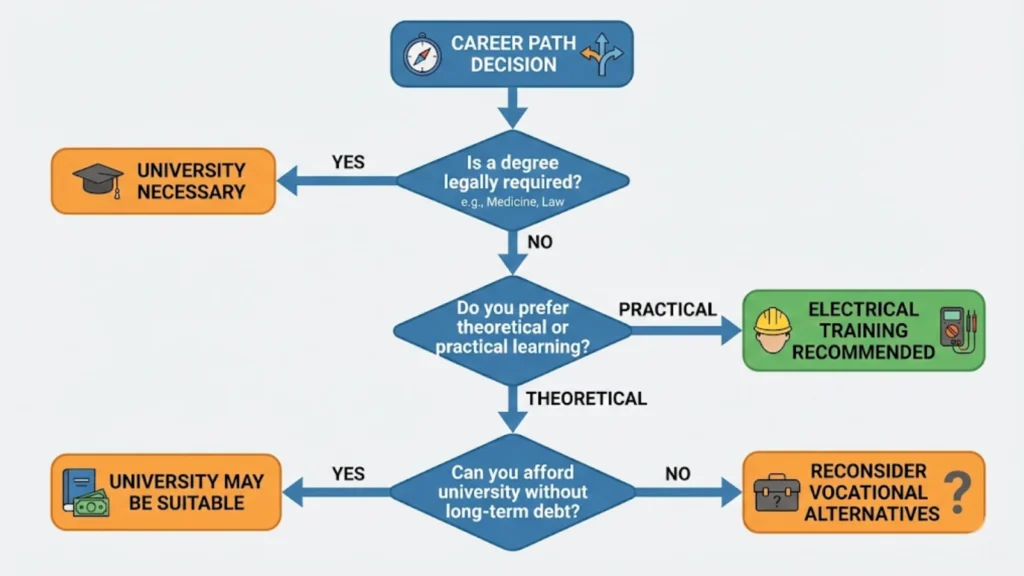 Decision tree showing key choices between university education and electrical training pathways