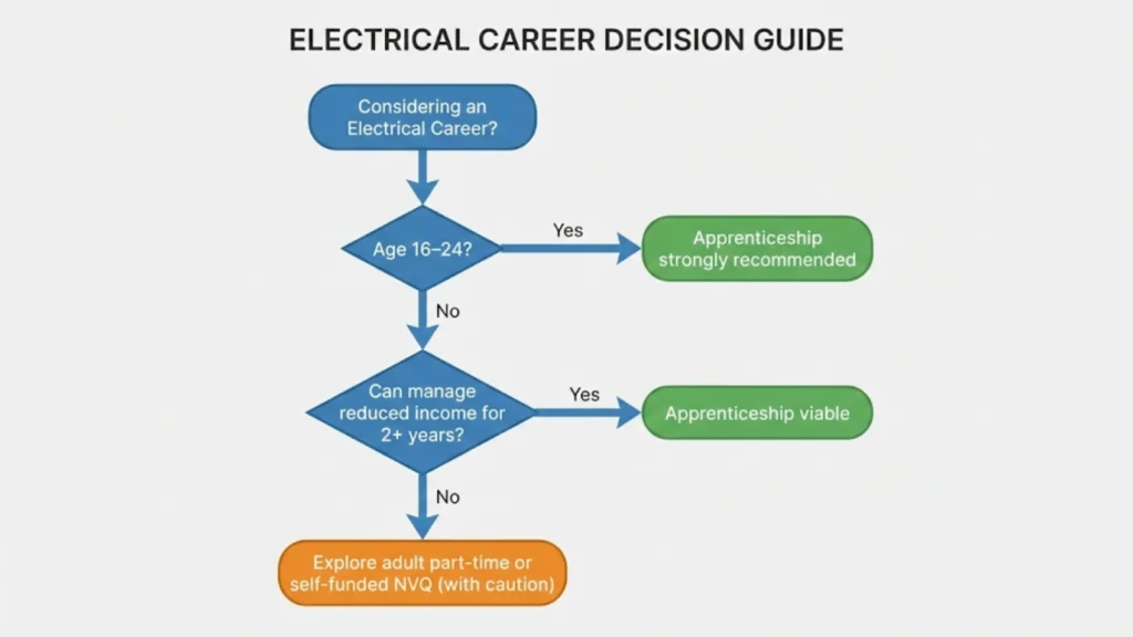 Decision tree showing when an electrical apprenticeship is recommended versus alternative training routes