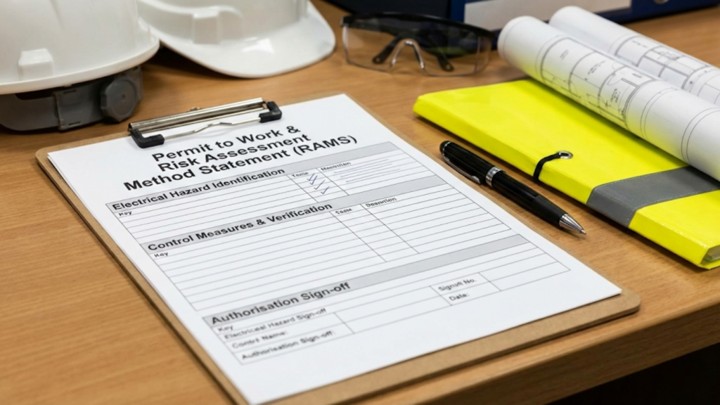 Electrical risk assessment and permit-to-work documentation showing verification steps, control measures