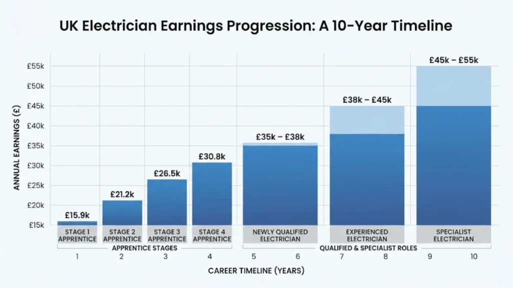 Electrician earnings progression chart showing salary growth from apprentice stages to specialist over a 10-year career timeline