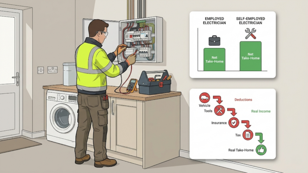 Illustrated electrician working onsite with icons explaining real take-home pay and business costs