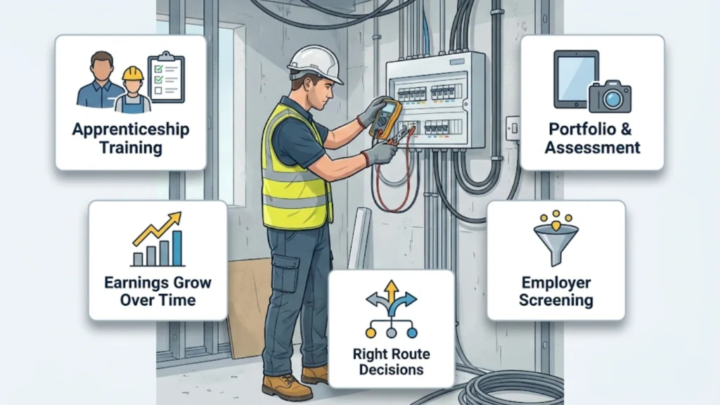 Illustrated electrician working onsite with icons explaining the electrical career pathway