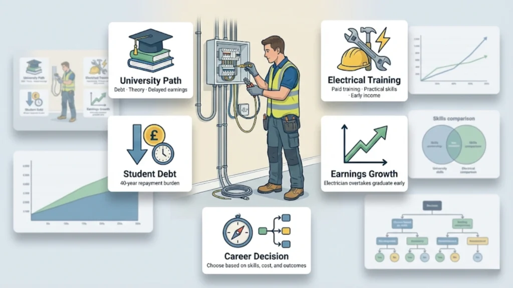 Illustrated featured image of an electrician working onsite with icons explaining training choices, earnings, and debt