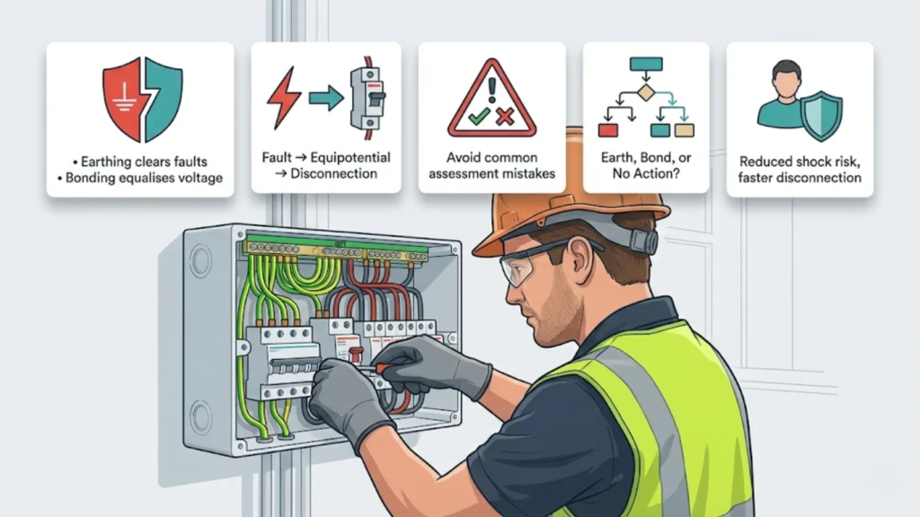 Illustrated featured image showing an electrician working at a consumer unit with icons explaining earthing, bonding, fault protection.