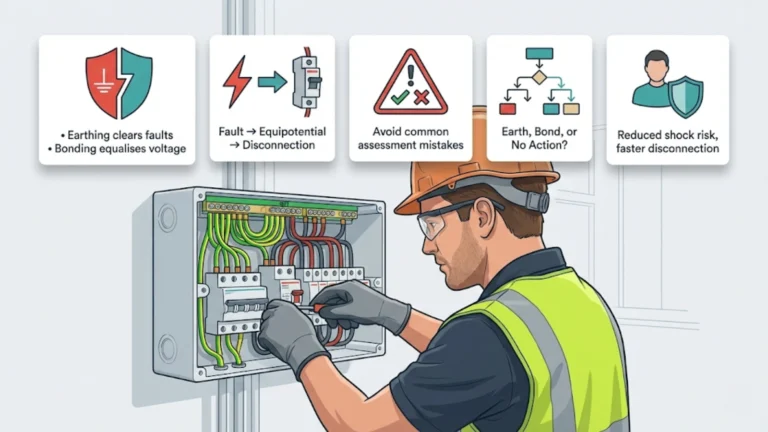 Illustrated featured image showing an electrician working at a consumer unit with icons explaining earthing, bonding, fault protection.