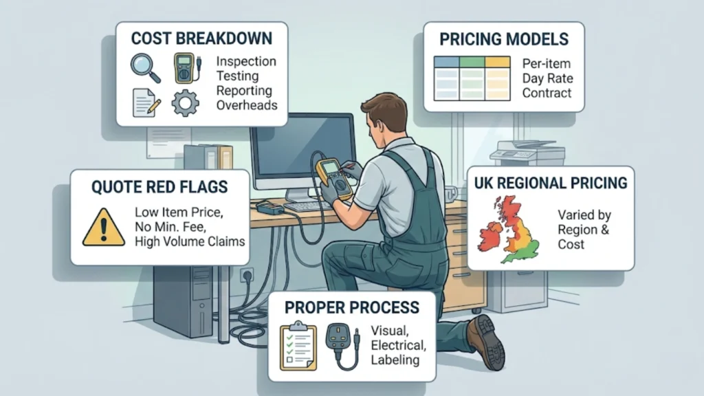 Illustrated overview of PAT testing showing an electrician working onsite with icons explaining pricing, cost breakdown, quality checks, and regional rates