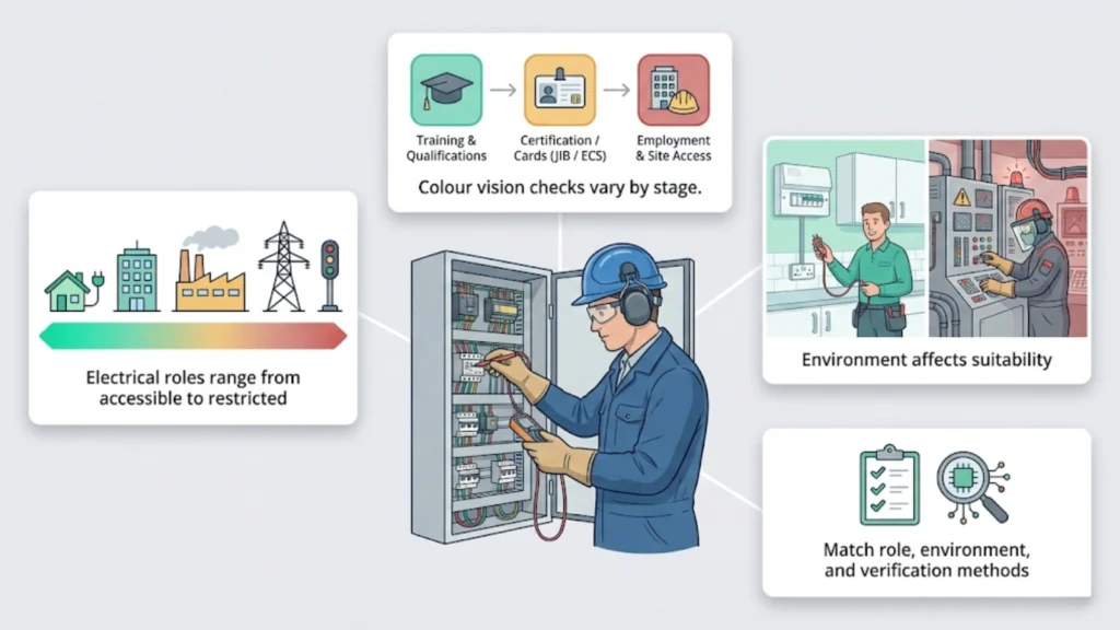 Illustrated overview of electrician career pathways, environments, and colour vision considerations