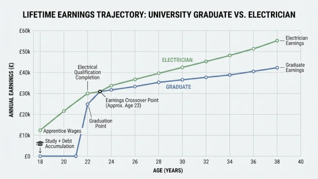Line graph comparing lifetime earnings of a university graduate and an electrician from age 18 to 40