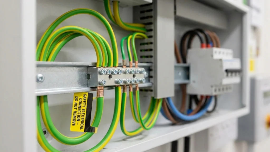 Main earthing terminal showing correctly terminated earthing and bonding conductors with clear safety labels inside a consumer unit