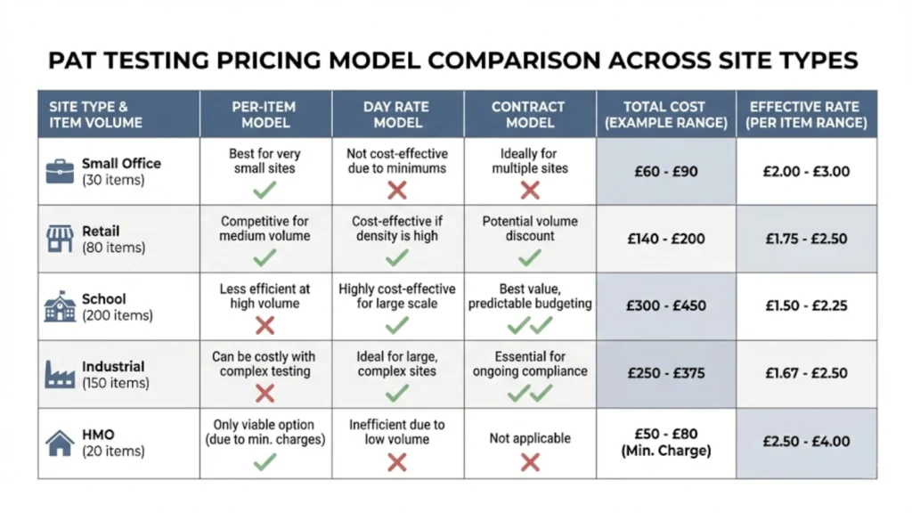 PAT testing pricing comparison table showing different pricing models across offices, retail, schools, industrial sites, and HMOs