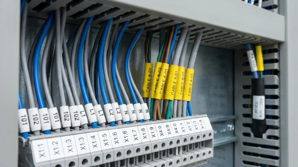 Professional electrical labelling systems showing numbered ferrules, heat-shrink markers, terminal labels, and cable identifiers