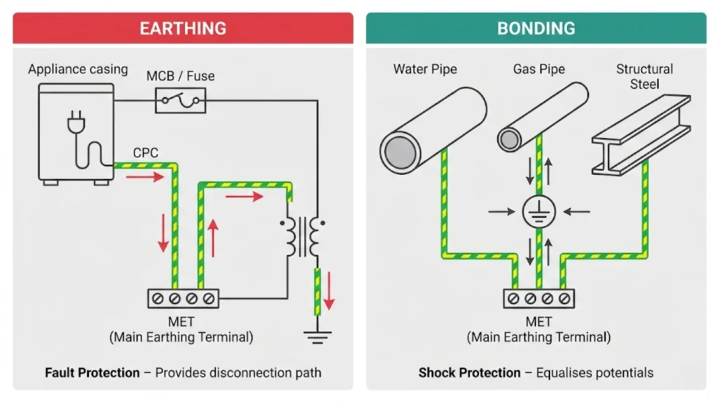 Side-by-side diagram comparing electrical earthing and bonding, showing fault current disconnection versus equipotential bonding to reduce shock risk