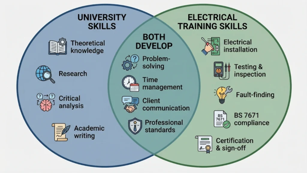 Skills comparison diagram showing university skills, electrical training skills, and shared competencies