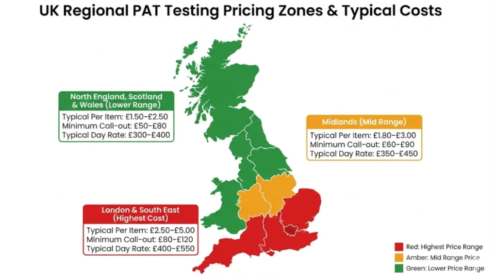 UK map showing regional PAT testing price ranges with higher rates in London and lower rates in northern regions