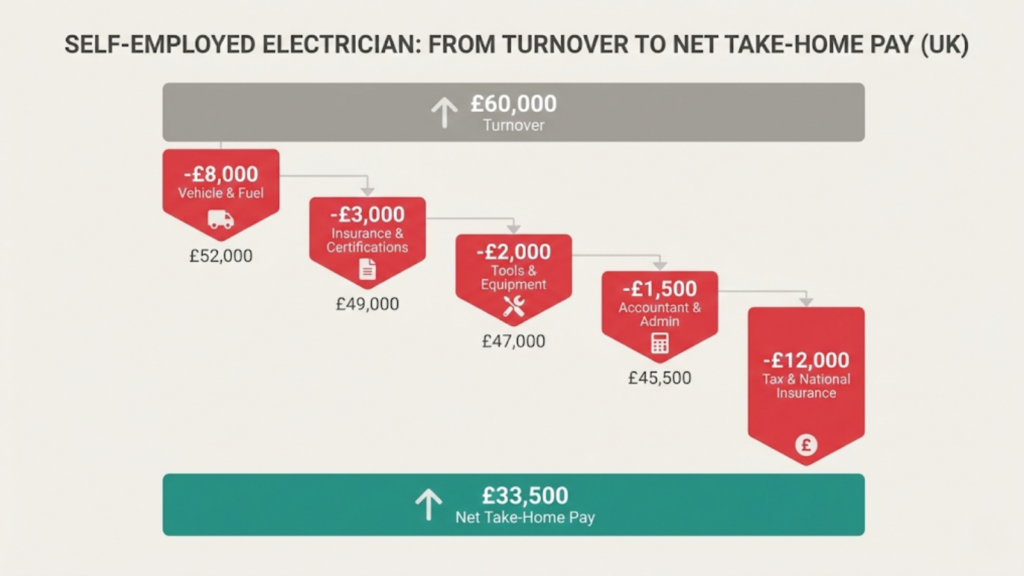Waterfall chart showing how £60,000 self-employed electrician turnover reduces to net take-home after costs and tax